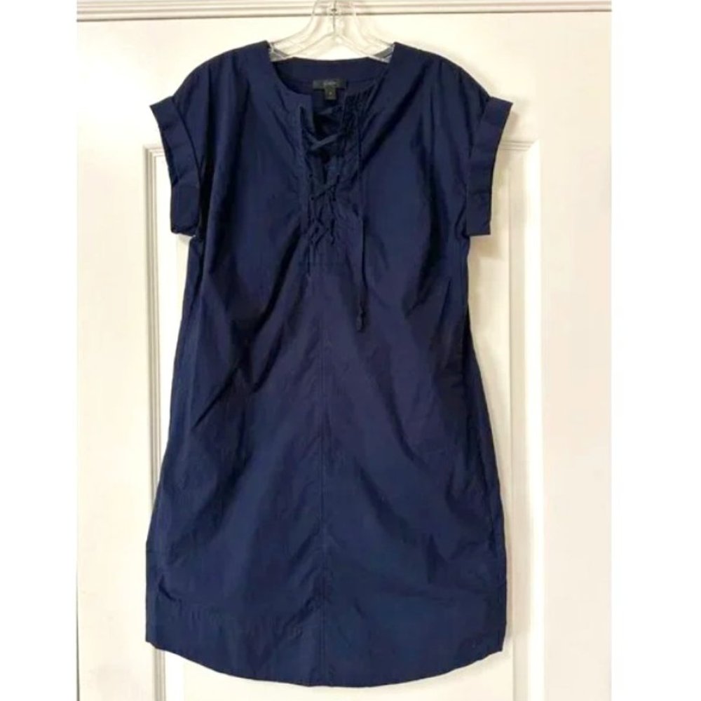 J Crew Navy Blue Short Sleeve Cotton Lace Up Shirt Dress